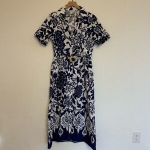 Joie White and Navy Floral Print Belted Midi Shirt Dress Size Medium